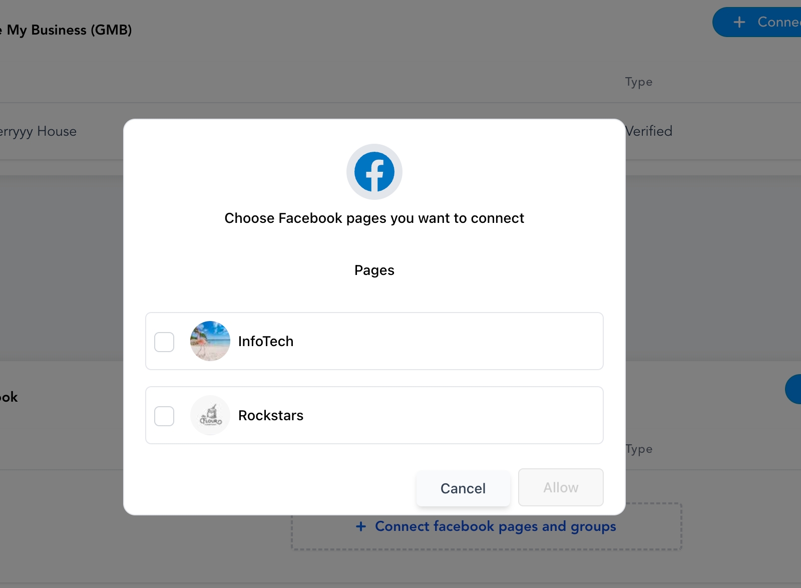 Choose the Facebook page you want