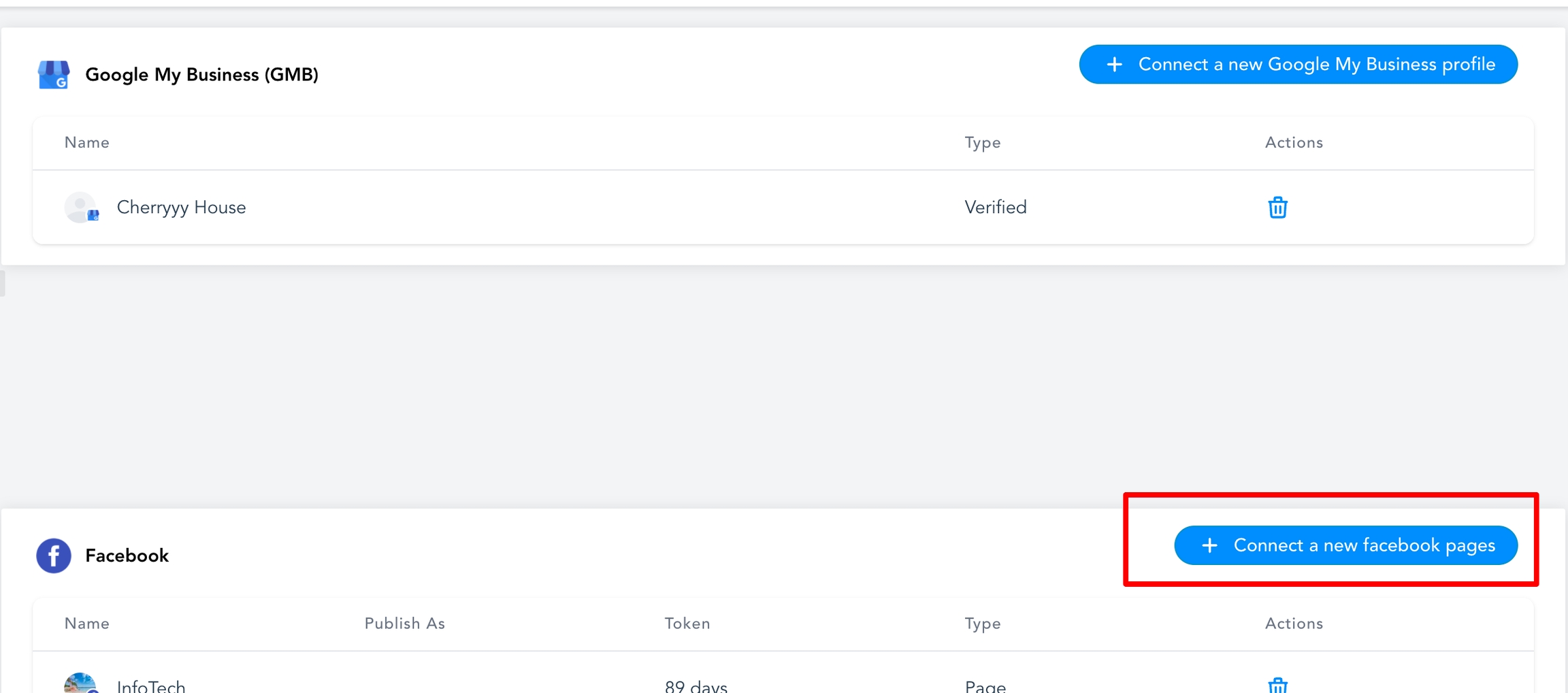 Click on the Connect a new Facebook page button